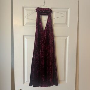 Aakaa Wine Crushed Velvet Halter Dress